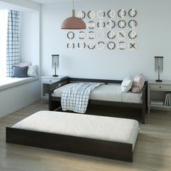 Twin Size Trundle Platform Bed Frame with, Wooden Slat Support-Dark Brown