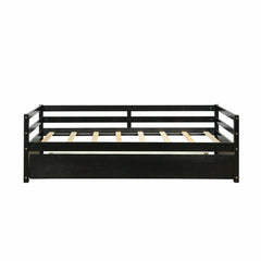 Twin Size Trundle Platform Bed Frame with, Wooden Slat Support-Dark Brown