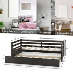 Twin Size Trundle Platform Bed Frame with, Wooden Slat Support-Dark Brown