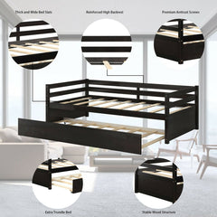 Twin Size Trundle Platform Bed Frame with, Wooden Slat Support-Dark Brown
