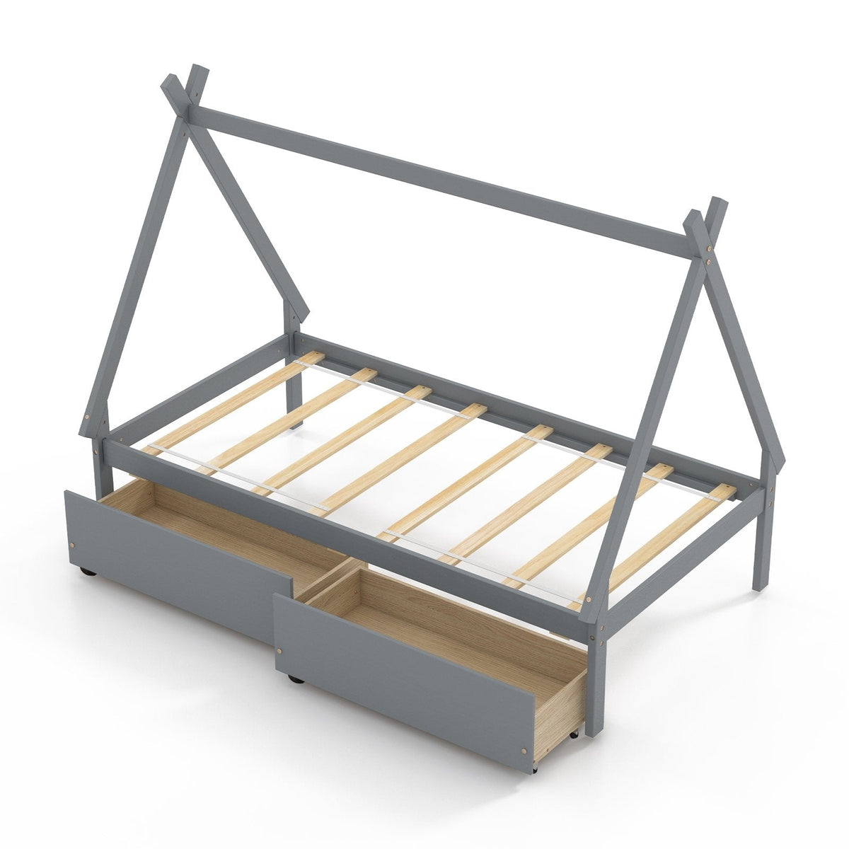 Twin Tent Frame House Bed with 2 Rolling Drawers and 8 Plywood Slats, Grey