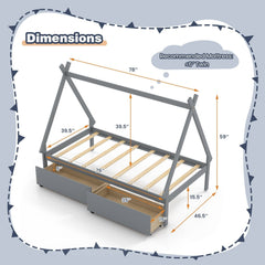 Twin Tent Frame House Bed with 2 Rolling Drawers and 8 Plywood Slats, Grey