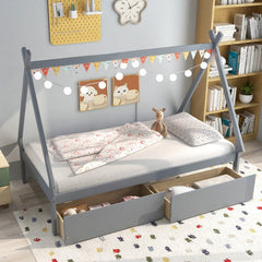 Twin Tent Frame House Bed with 2 Rolling Drawers and 8 Plywood Slats, Grey