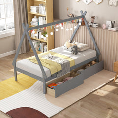 Twin Tent Frame House Bed with 2 Rolling Drawers and 8 Plywood Slats, Grey