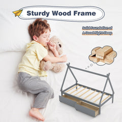 Twin Tent Frame House Bed with 2 Rolling Drawers and 8 Plywood Slats, Grey