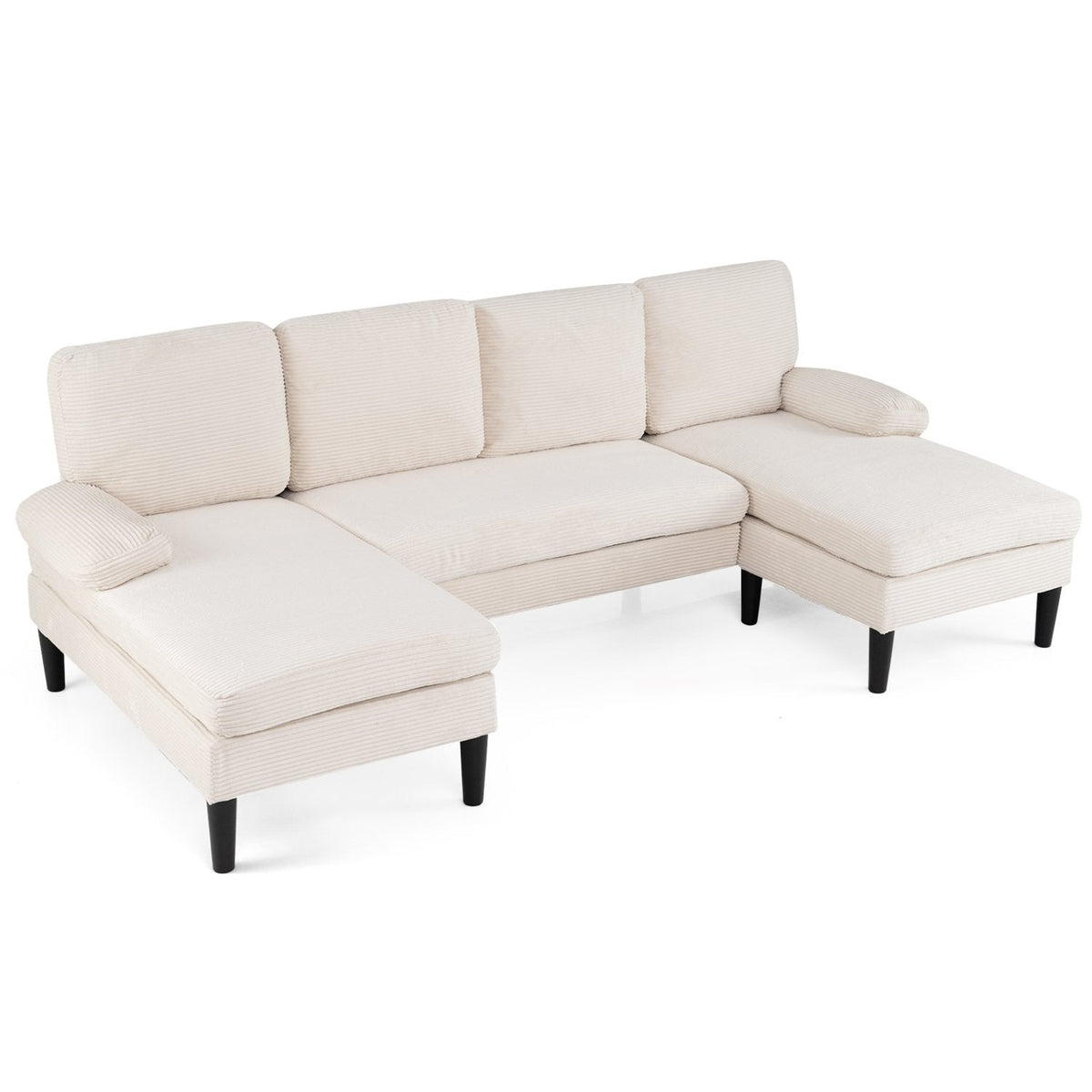 101.5 in U Shaped Corduroy Sectional in Cream with Two Chaises and a 24 in Armrest Pillow