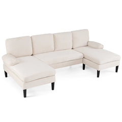 101.5 in U Shaped Corduroy Sectional in Cream with Two Chaises and a 24 in Armrest Pillow