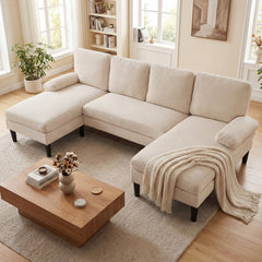 101.5 in U Shaped Corduroy Sectional in Cream with Two Chaises and a 24 in Armrest Pillow