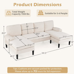 101.5 in U Shaped Corduroy Sectional in Cream with Two Chaises and a 24 in Armrest Pillow