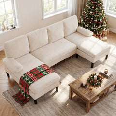 101.5 in U Shaped Corduroy Sectional in Cream with Two Chaises and a 24 in Armrest Pillow
