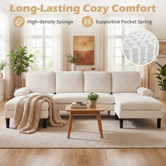 101.5 in U Shaped Corduroy Sectional in Cream with Two Chaises and a 24 in Armrest Pillow