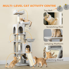 Cat Tree, 70" Multi-Level Cat Tower with 2 Condos, 2 Perches, Hammock, Toy Balls, Scratching Posts and Board, Dark Grey