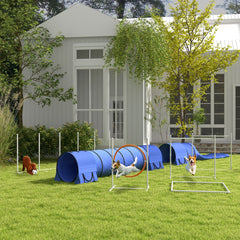7 Pcs Dog Agility Kit w/ Tunnels, Weave Poles, Adjustable Hurdles, Jump Ring, Pause Box, Whistle, Carry Bag, Blue