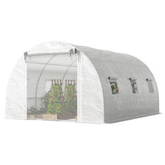 Walk-in Tunnel Greenhouse, Plant Hot House w/ Support Rods, Roll-up Mesh Door, Mesh Windows, 13'x9.8'x6.6', Green