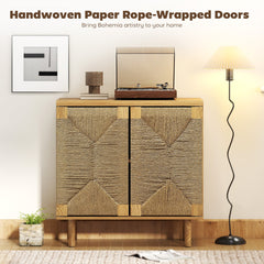Handwoven Rope Accent Cabinet Boho Sideboard Buffet Cabinet with Push to Open Doors Adjustable Shelf Pine Wood Legs Oak