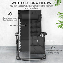 Folding Garden Chair, Reclining Zero Gravity Chair, Sun Lounger with Cushion and Headrest, Black