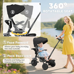 6 in 1 Toddler Tricycle for 1-5 Years Old with Push Handle, Removable Canopy, Rotatable Seat, Black