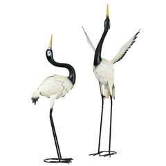 Set of 2 Garden Sculptures Heron Statues Lawn Patio Backyard Ornaments, 35.4"-40.6", White and Black