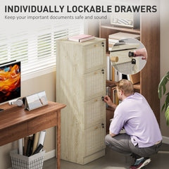 2 Drawer Filing Cabinet with Lock, Boho File Cabinet for A4 Letter Size Files with Decorative Rattan Accents, Oak