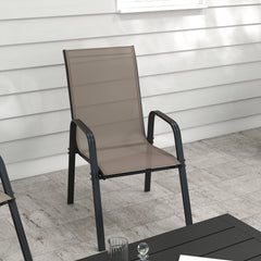 Set of 4 Outdoor Dining Chairs, Heavy Duty Stackable Patio Dining Set with Armrests for Balcony Garden, Brown and Black