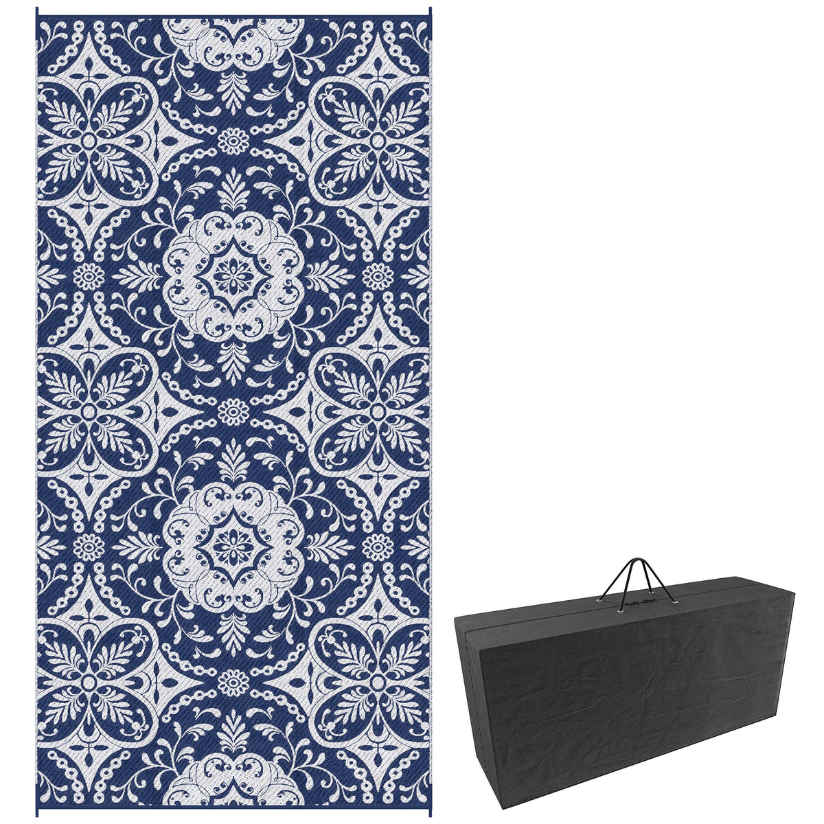Portable Outdoor Rug with Carry Bag, 9' x 18' Reversible Mat, Waterproof Plastic Straw RV Rug for Backyard, Deck, Picnic, Beach, Camping, Blue & White Flower