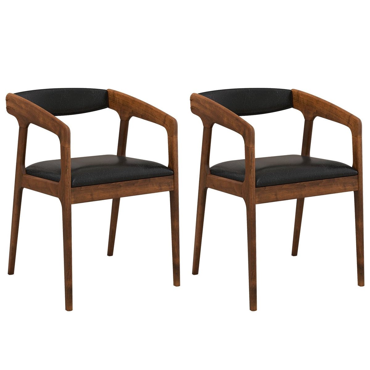 Set of 2 Wooden Armchairs with Curved Back and Brown PU Leather Seat