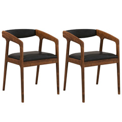 Set of 2 Wooden Armchairs with Curved Back and Brown PU Leather Seat