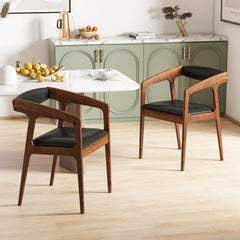 Set of 2 Wooden Armchairs with Curved Back and Brown PU Leather Seat