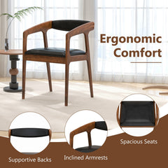 Set of 2 Wooden Armchairs with Curved Back and Brown PU Leather Seat
