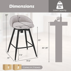 Set of 2 Swivel Counter Stools with Wrap Around Linen Backs in Grey