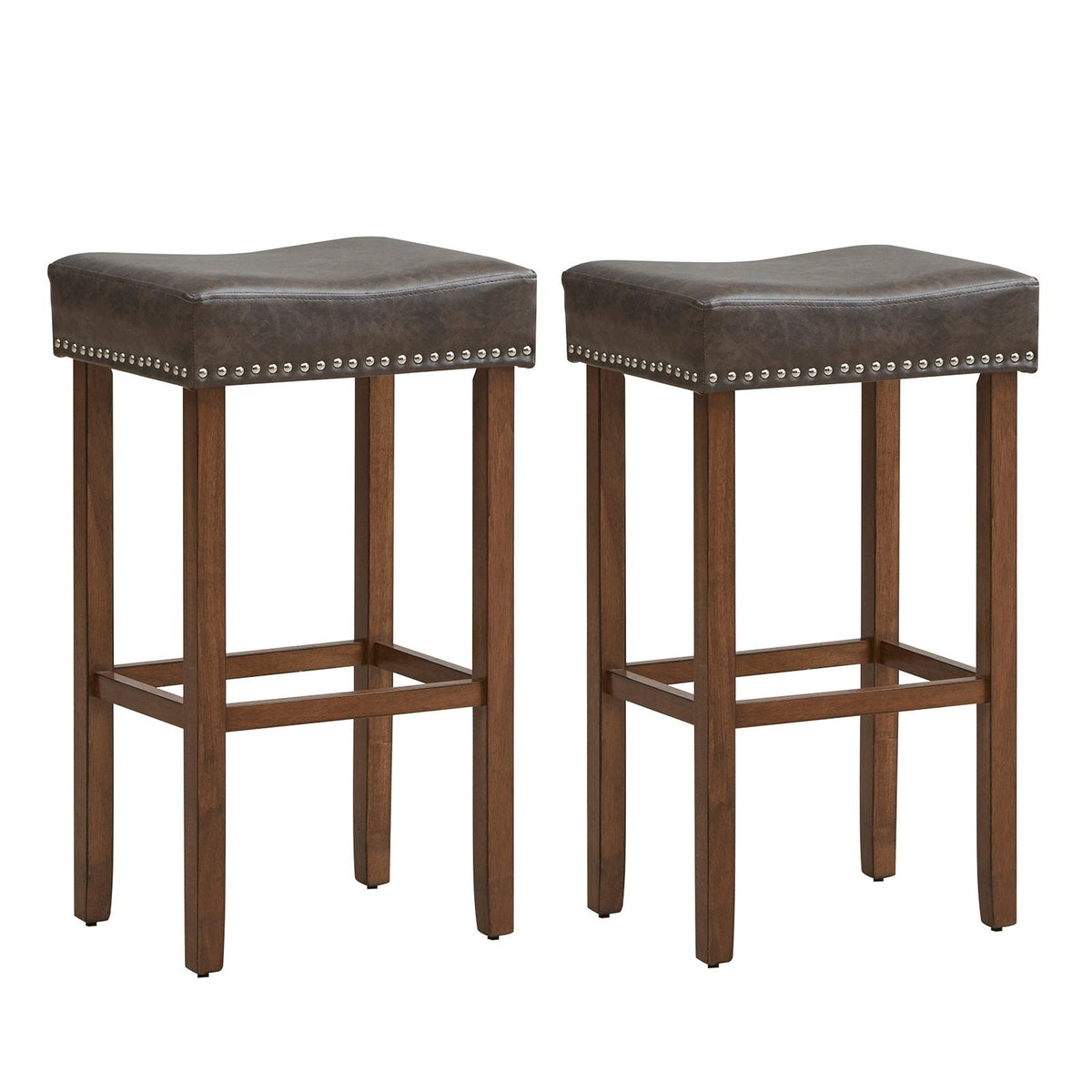 Set of 2 Backless Saddle Bar Stools in Grey Faux Leather, 29.5 Inch Seat