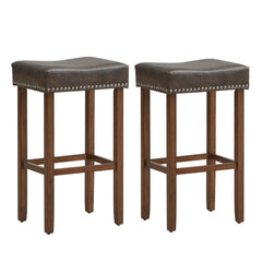 Set of 2 Backless Saddle Bar Stools in Grey Faux Leather, 29.5 Inch Seat