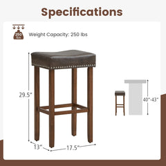 Set of 2 Backless Saddle Bar Stools in Grey Faux Leather, 29.5 Inch Seat