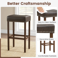 Set of 2 Backless Saddle Bar Stools in Grey Faux Leather, 29.5 Inch Seat