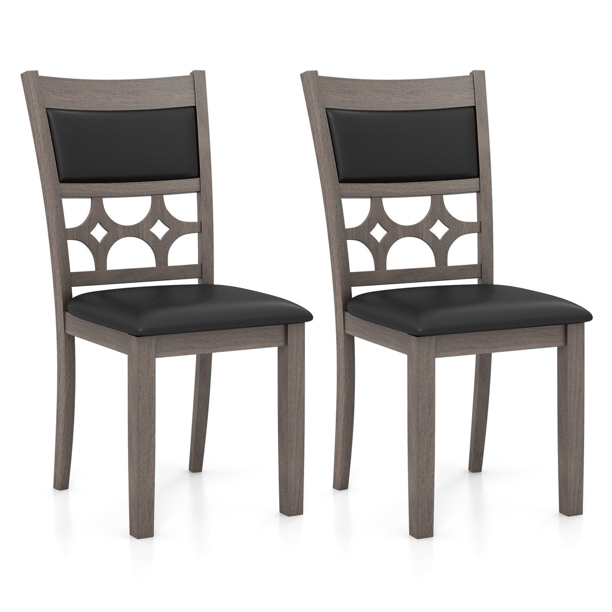 Set of 2 Dining Chairs with Patterned Cut Out Back and Padded Seat, Grey Wood