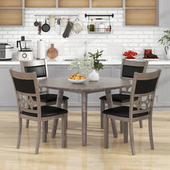 Set of 2 Dining Chairs with Patterned Cut Out Back and Padded Seat, Grey Wood