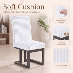 Set of 4 Channel Tufted High Back Dining Chairs, White with Dark Wood Legs