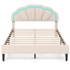 Upholstered LED Bed Frame with Adjustable Flower Headboard and Metal Support Feet-Queen Size