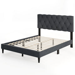 Full Upholstered Platform Bed with Diamond Tufted Headboard and 12 Plywood Slats