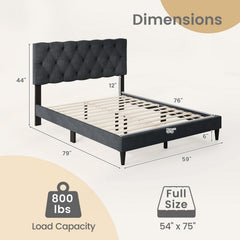 Full Upholstered Platform Bed with Diamond Tufted Headboard and 12 Plywood Slats