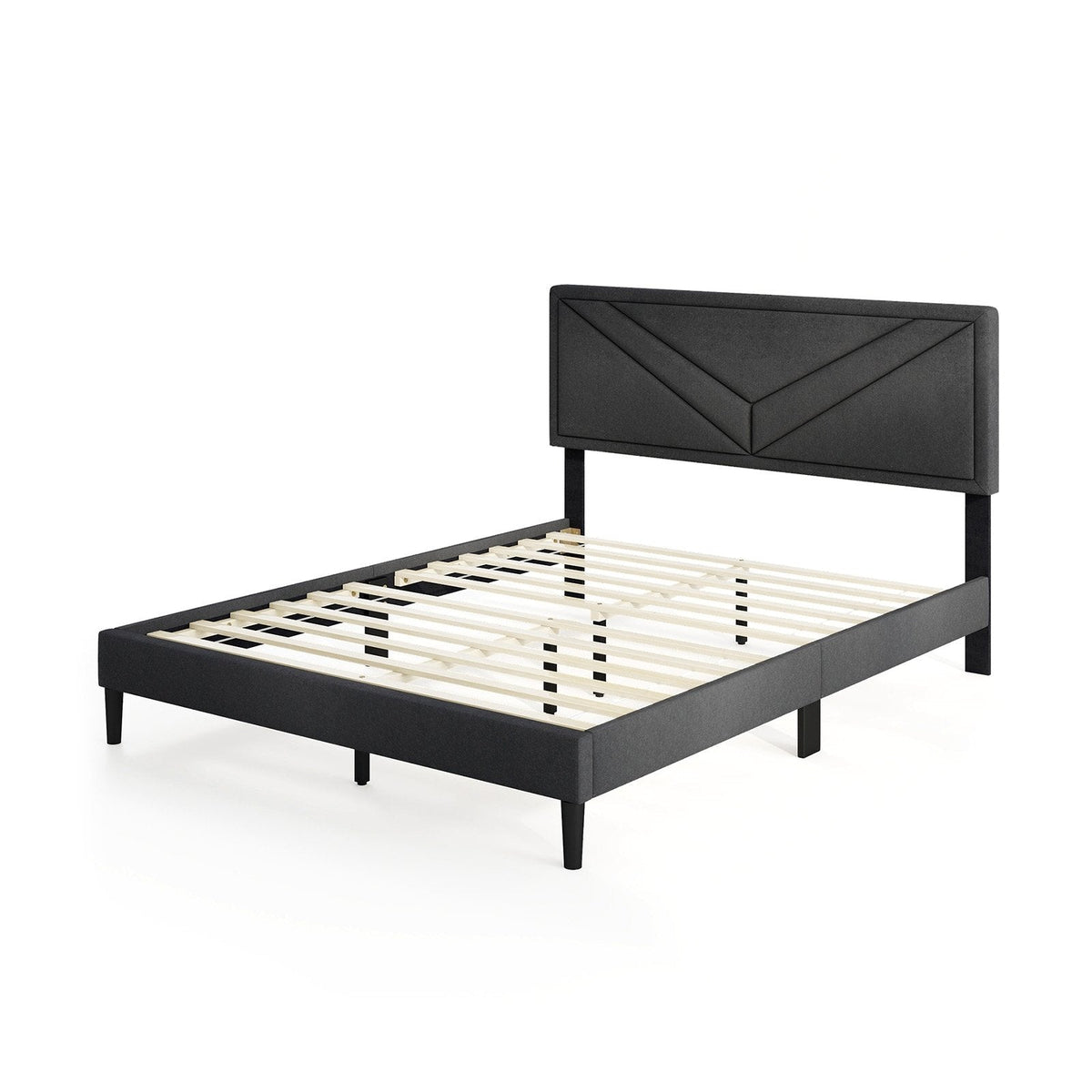 Queen Upholstered Platform Bed with Chevron Panel Headboard and 12 Plywood Slats