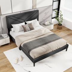 Queen Upholstered Platform Bed with Chevron Panel Headboard and 12 Plywood Slats