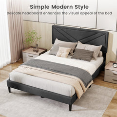 Queen Upholstered Platform Bed with Chevron Panel Headboard and 12 Plywood Slats