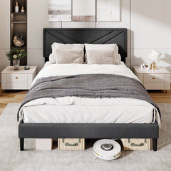 Queen Upholstered Platform Bed with Chevron Panel Headboard and 12 Plywood Slats