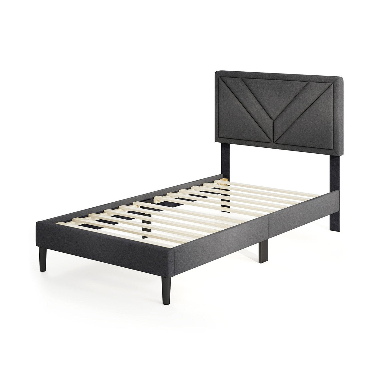 Twin Upholstered Platform Bed with Chevron Panel Headboard and 12 Plywood Slats