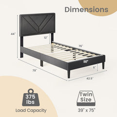 Twin Upholstered Platform Bed with Chevron Panel Headboard and 12 Plywood Slats