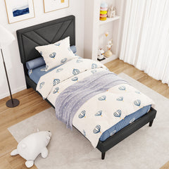 Twin Upholstered Platform Bed with Chevron Panel Headboard and 12 Plywood Slats