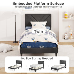 Twin Upholstered Platform Bed with Chevron Panel Headboard and 12 Plywood Slats