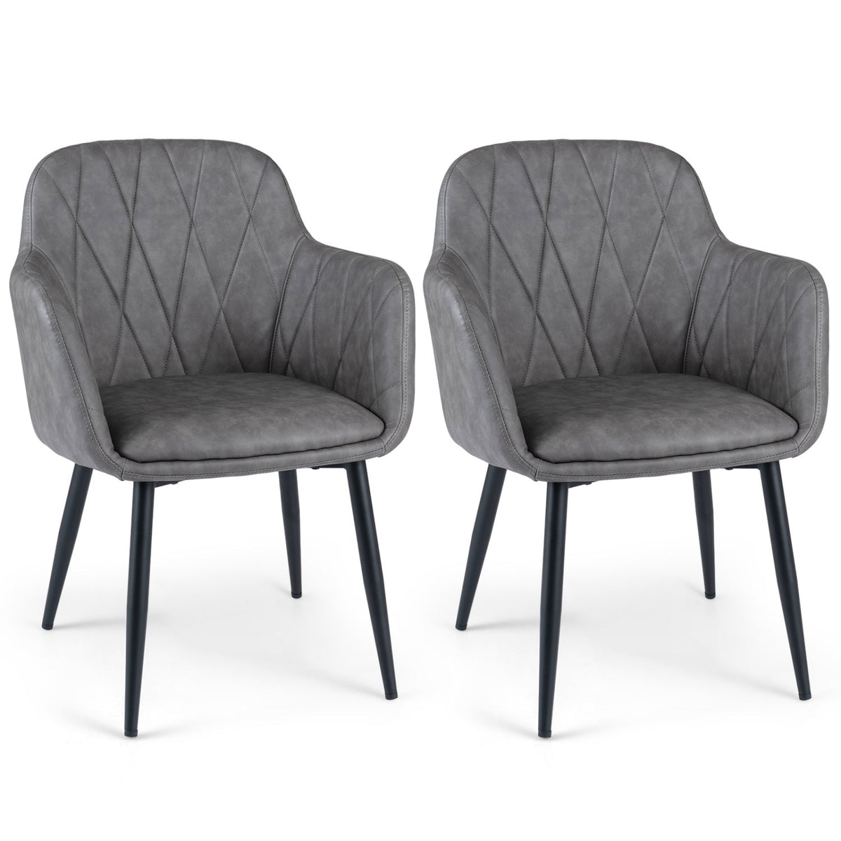 Set of 2 PU Leather Armchairs with Diamond Stitched Back and Metal Legs, Grey