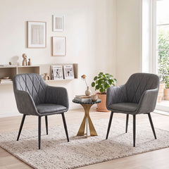 Set of 2 PU Leather Armchairs with Diamond Stitched Back and Metal Legs, Grey